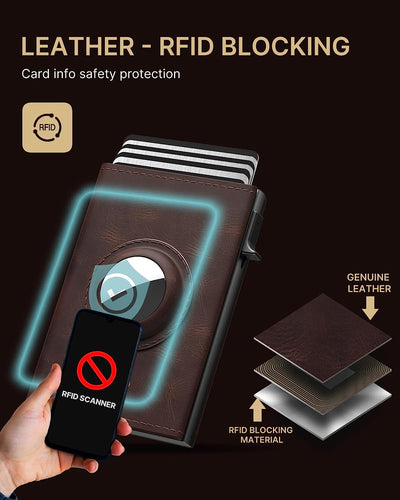 Leather AirTag Wallet for Men - RFID Blocking, Slim, Carbon Fiber, 9-14 Card Capacity, ID Window, Cash Slot - EVERRD USA