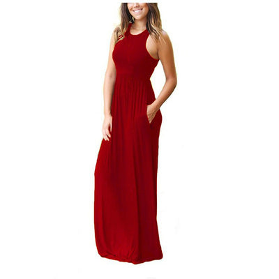 Spring And Summer 2019 Amazon AliExpress Explosions Solid Color Sleeveless Vest Pocket Dress Long Dress - EVERRD USA
