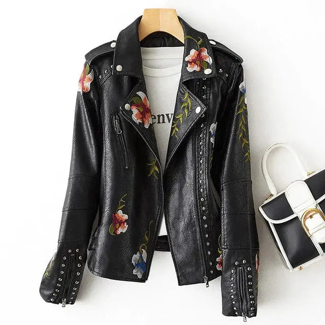 Everrd™ Retro Floral Print Embroidery Faux Soft Leather Jacket Night Edition - EVERRD USA