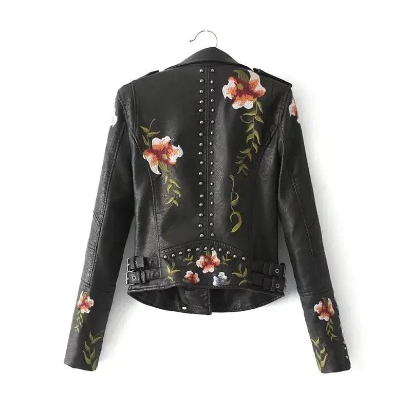 Everrd™ Retro Floral Print Embroidery Faux Soft Leather Jacket Night Edition - EVERRD USA